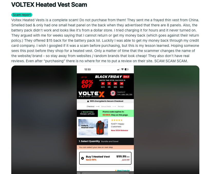 A screenshot of Voltex heated vest being a scam according to a Reddit user who bought the product.